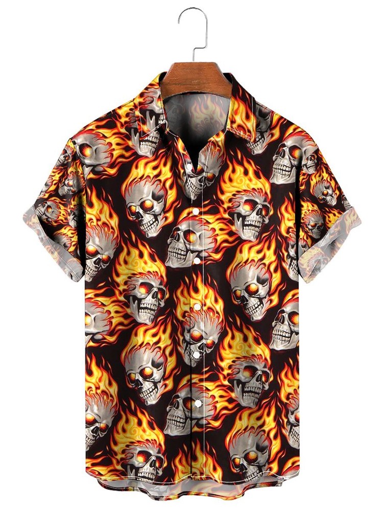 Skull Flame Pattern Short Sleeve Shir