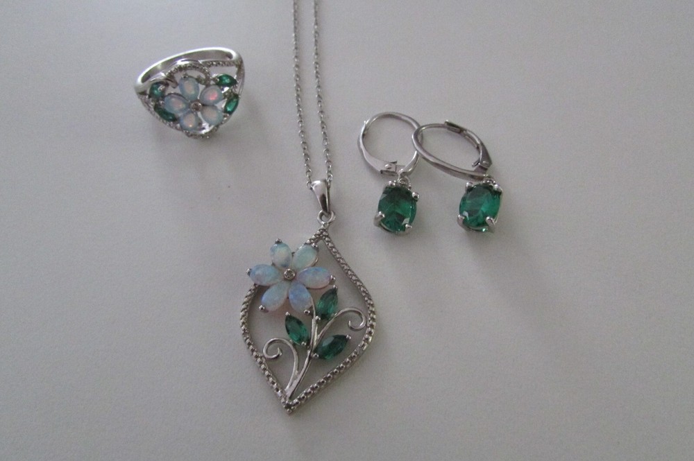 Opal Emerald Diamond Sterling Flower Jewelry Set Necklace Pendant Ring Earrings