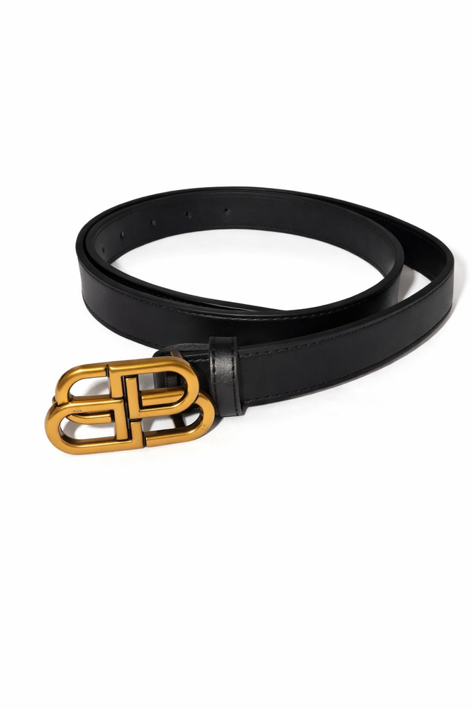 Balenciaga Women’s Black Leather Belt with Gold BB Logo Buckle 110cm/38-44