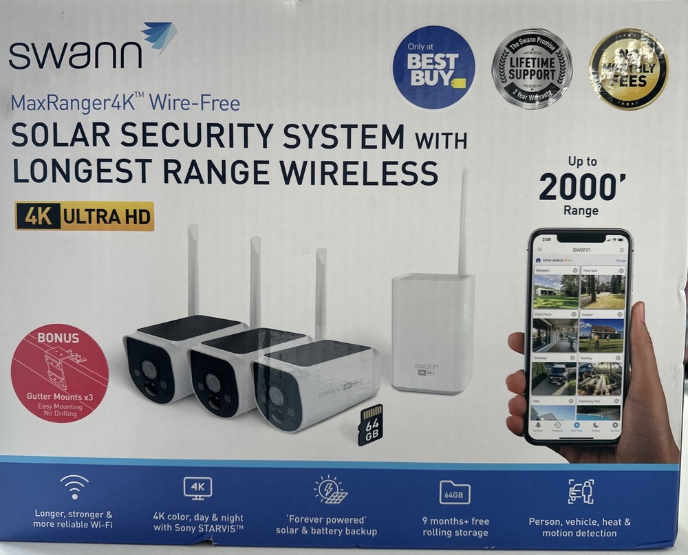 Swann - MaxRanger4K Solar 3 Camera Security System, Forever Charged Solar Pan...