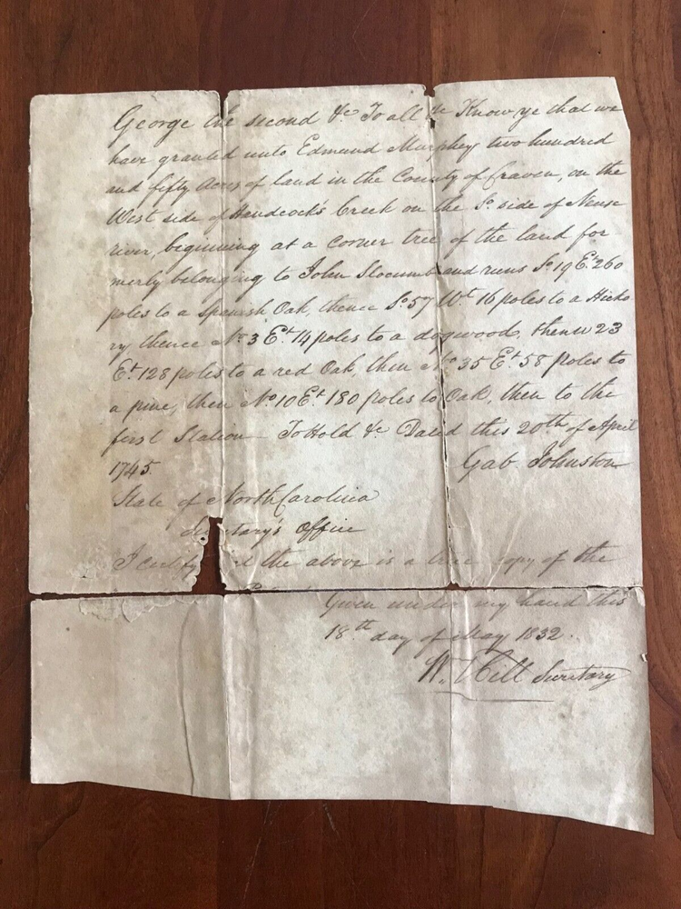 1745 Land Grant NORTH CAROLINA Craven C Neuse River MURPHY, Governor G. JOHNSTON