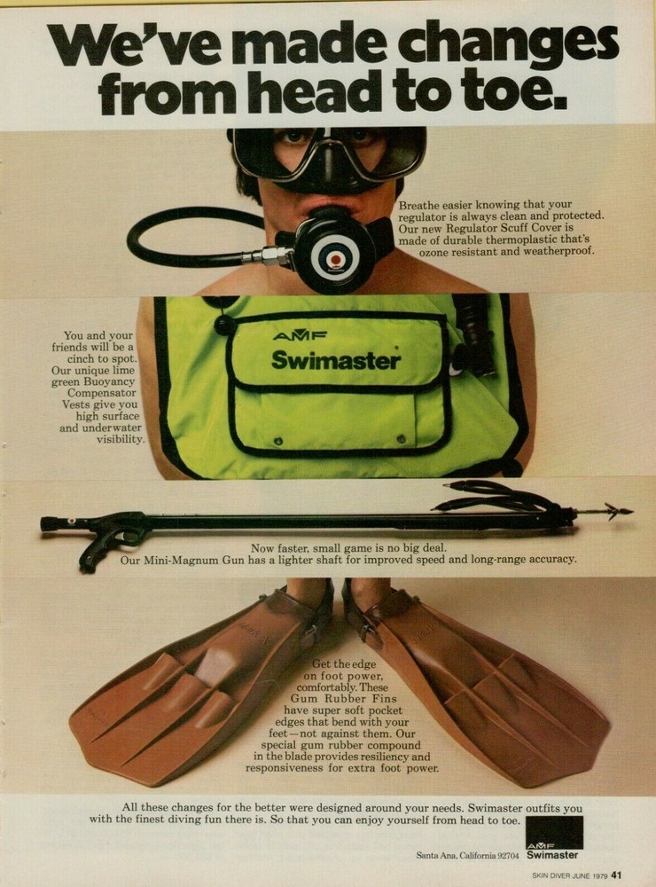 1979 AMF Swimaster Regulator Cover Compensator Vests Madnum Gun Vintage Print Ad