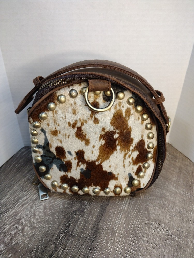 Junior Leather Handbag with Animal Print Stud Buttons Cowhide