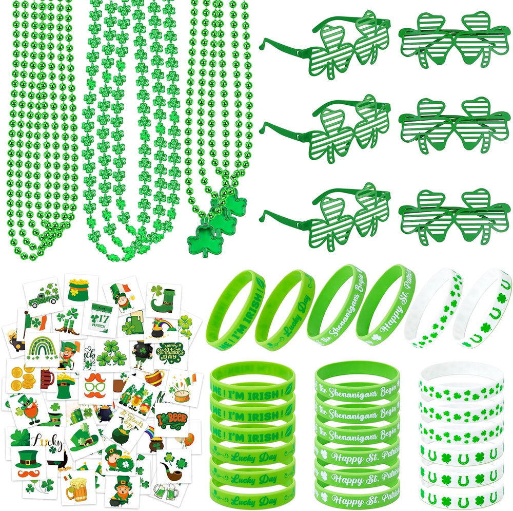 140 St Patricks Day Party Favor Bulk Kit Glasses Beads Tattoos Bracelets Shamroc