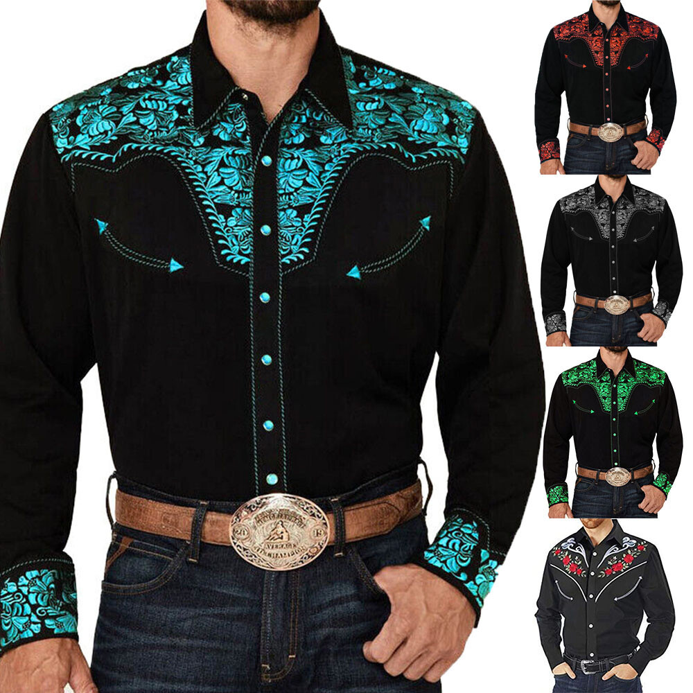 Mens Casual Turndown Collar Shirt Western Cowboy Long Sleeve Retro Printed Shirt