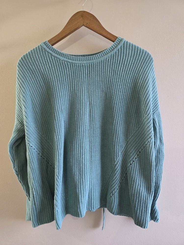 Women's Lucky Brand Size Large Teal Green 3/4 Sleeve  Tie In Back  Knit Sweater