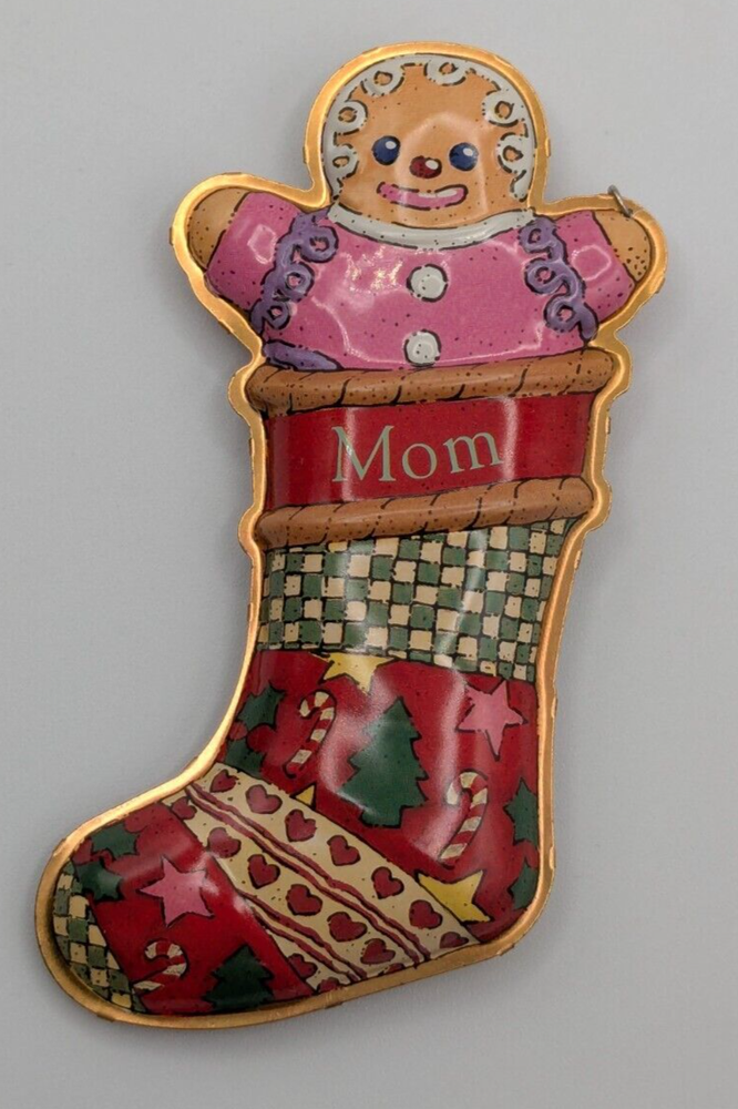 Hallmark Keepsake 1999 Mom Stocking Ornament in Pressed Tin Design