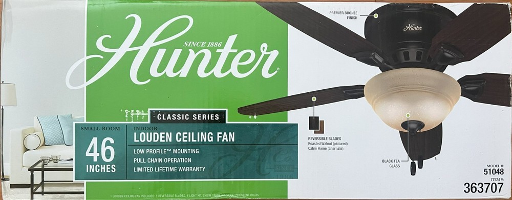 Hunter Home Ceiling Fan with Light Louden 46 Inch Low Profile  Flush Mount New