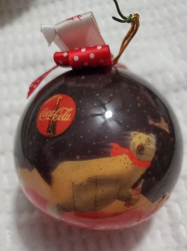 COCA COLA Christmas Ball Polar Bear Ornaments 1995 Coke Bottle & Ribbons Vintage