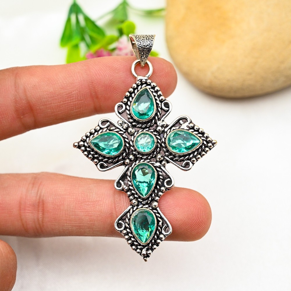 Aqua Apatite Gemstone Cross Pendant 925 Sterling Silver Handmade Jewelry Gift