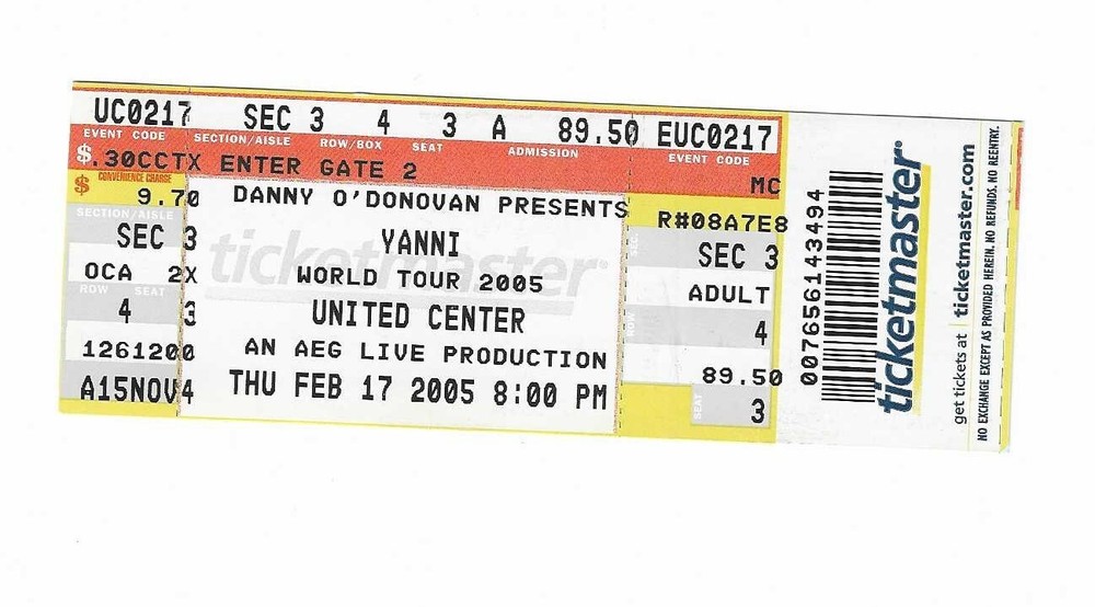 Yanni Unused Concert Ticket From February 17, 2005