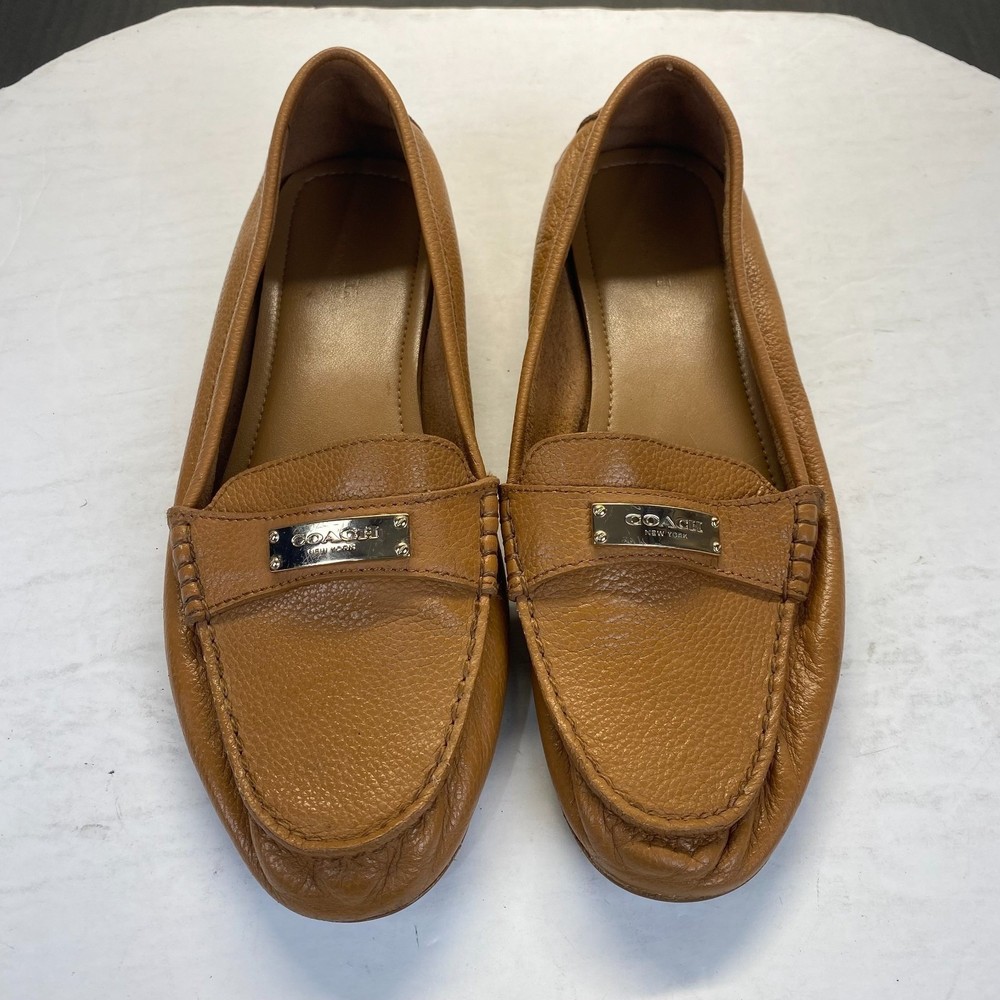 COACH Fredrica Gold Logo Brown Leather Driving Loafers Size 9 B