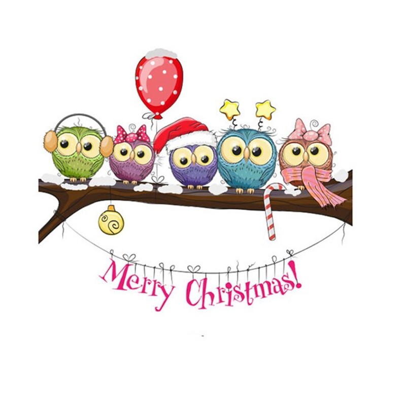 Merry Christmas Window Wall Stickers Posters Decals Owl New Year Xmas Decor