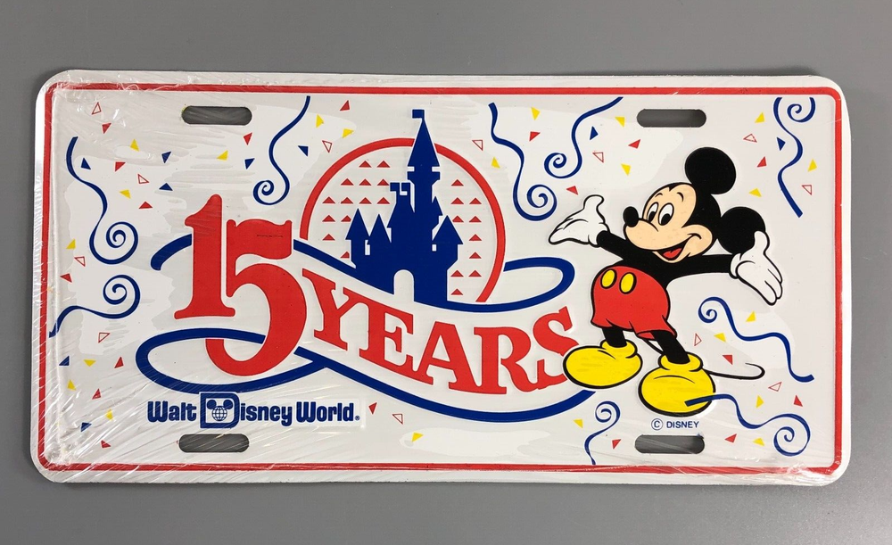 1986 Mickey Mouse 15 Years Disney World Metal License Plate Sealed New  