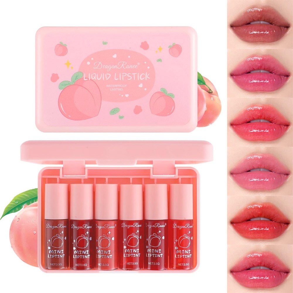 6 Colors Peach Lip Stain Set, Korean Lip Gloss Mini Liquid Lip Tint, Lipstick F