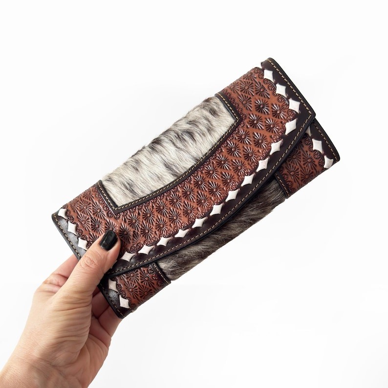 Western Cowhide Leather Wallet - Hand Tooled Wristlet Clutch Purse