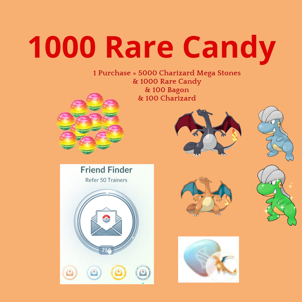 Ultra Rare Bundle: 1000 Candy, 100 Bagon, 100 Charizard, 5000 Mega Stones - 24H Delivery