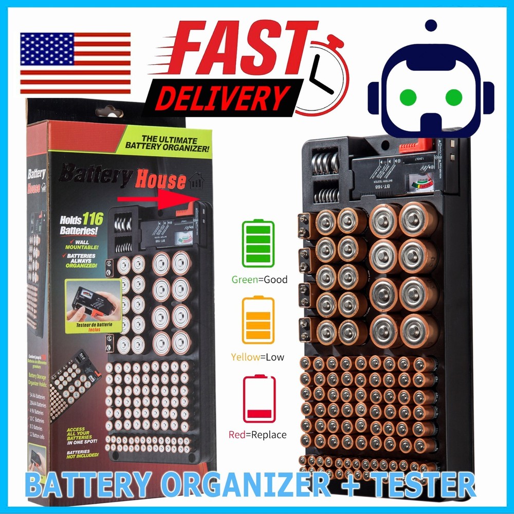 Battery Storage Organizer Case with Removable Tester for AAA AA 9V C D Batteries