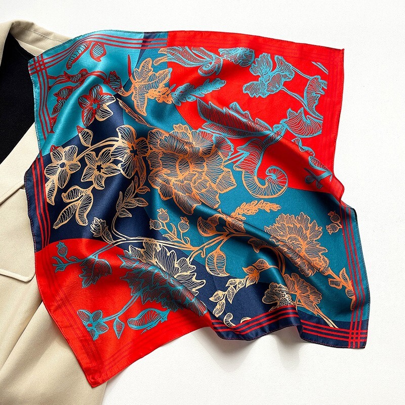 100% Silk Vintage Floral Scarf for Women Blue Red Square Wrap 53x53cm