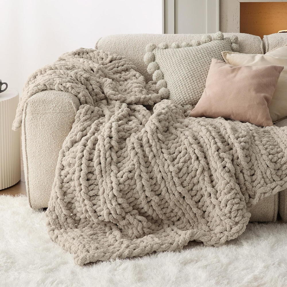 Chunky Hand-Knit Chenille Throw Blanket 50x60 Inches Linen Beige