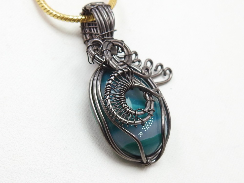 Green Strip Agate Brass Pendant Silver Oxidised Polished Wire Wrapped Jewelry