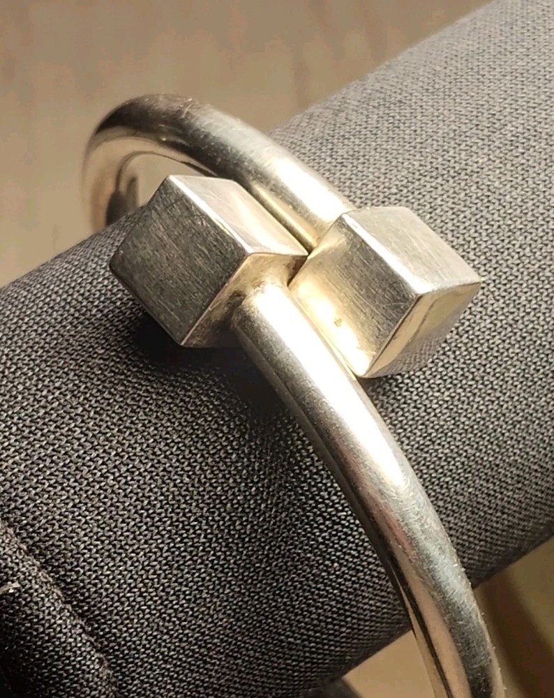 MEXICO 925 Silver Vintage Shiny Cube Ends Bypass Bangle Bracelet