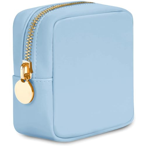 Nylon Makeup Bags for Women Large Preppy Travel Toiletry Pouch Light Blue Mini