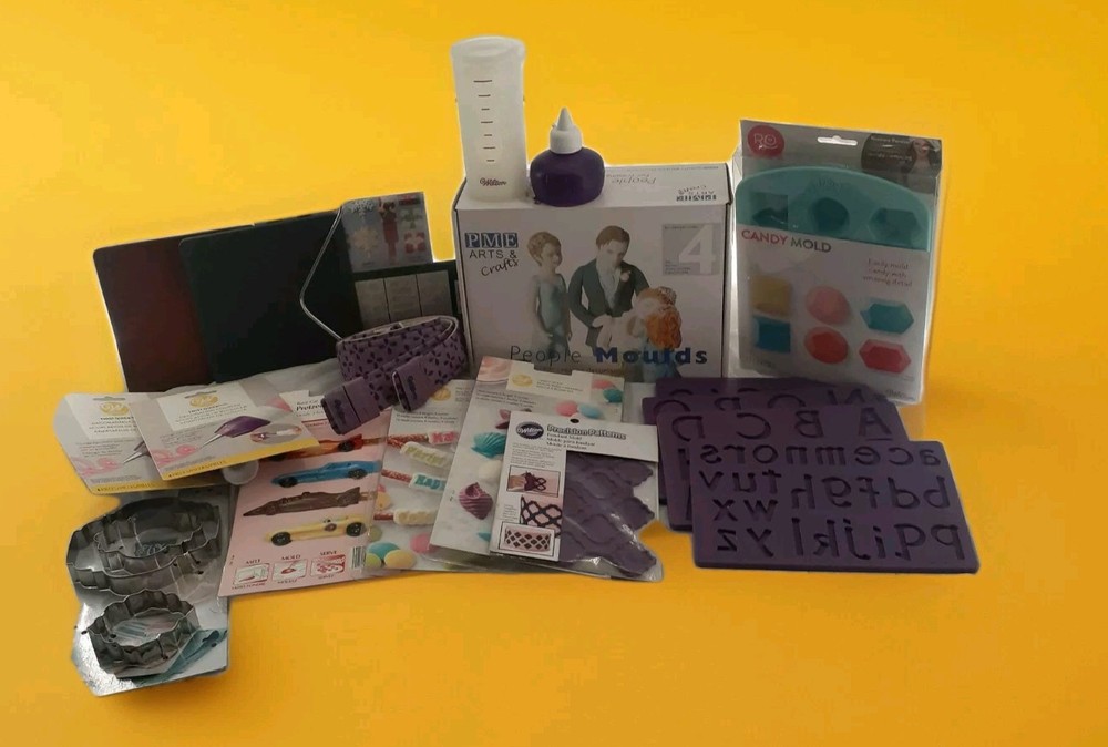 Vintage Wilton Cake Decorating Supplies Lot with People Molds Piping Bags Cookie Cutters