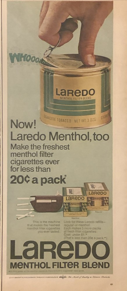 1971 Laredo Cigarette Tobacco Menthol Blend Roll Own Filter Cig VTG 70s PRINT AD