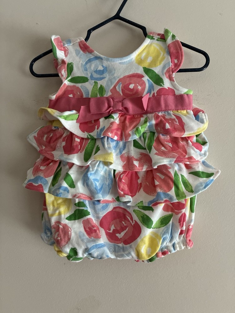 Gymboree Baby Girl Colorful Floral Ruffle Pink Bow 100% Cotton Romper Multi 0-3M