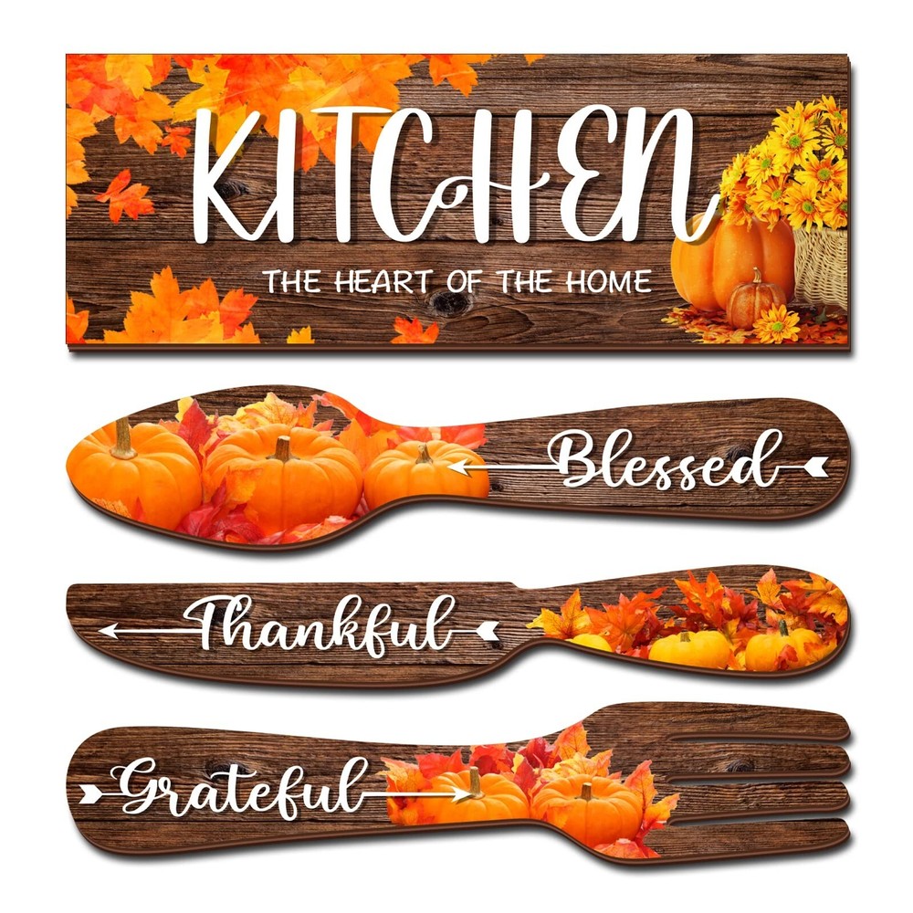 YLOLUL 4 Pieces Fall Pumpkin Kitchen Decor Eat Sign Set Fork and Spoon Wooden...