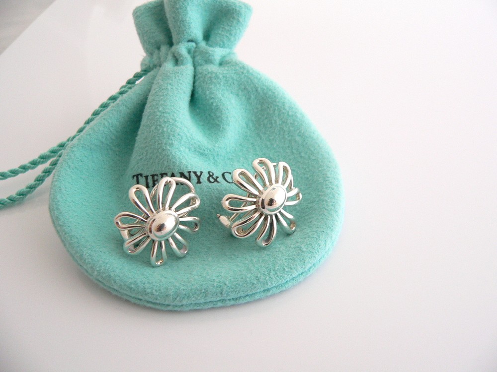 Tiffany & Co Picasso Large Silver Daisy Flower Stud Earrings with Gift Pouch