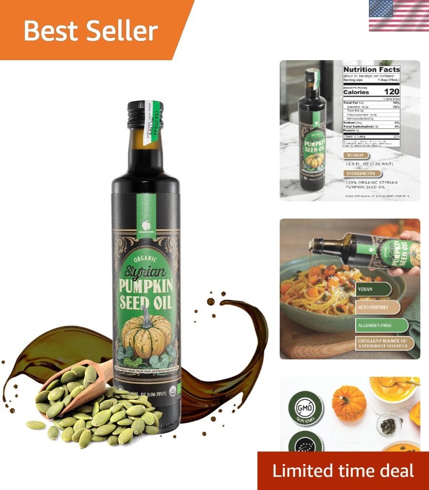 Organic Cold Pressed Styrian Pumpkin Seed Oil - 16.9 oz of Pure Gourmet Flavor