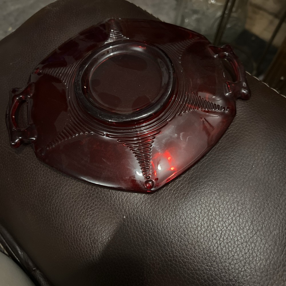 Vintage red depression glass double-handled candy nut dish with polygon design