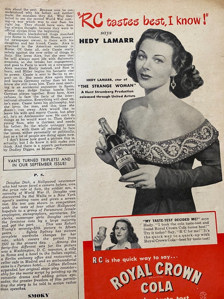 Hedy Lamarr, Royal Crown Cola, R.C., RC, Vintage Print Ad, aa