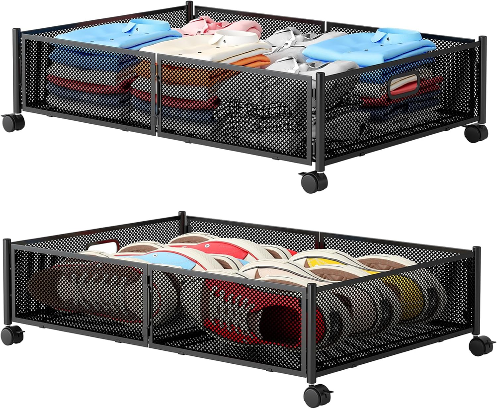 Foldable Metal Mesh Underbed Storage Container with Wheels for Space-Saving Organization