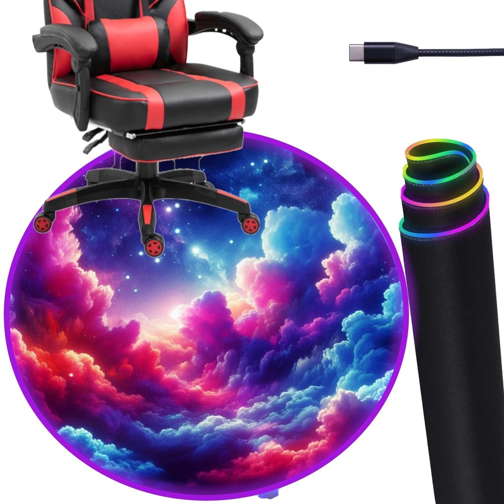 Gaming Chair Mat Circle RGB Color Light (Clouds 47”) - Noise Cancelling, A