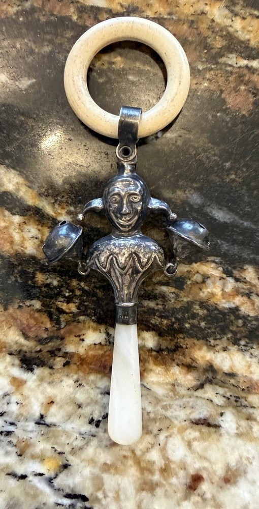 antique silver baby rattle novelty Jester with bells MOP handle rd. ring