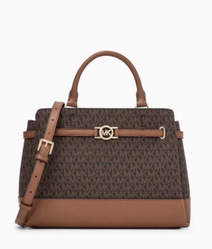 Michael Kors Reed Large Brown Satchel Shoulder Handbag Belted Purse Crossbody