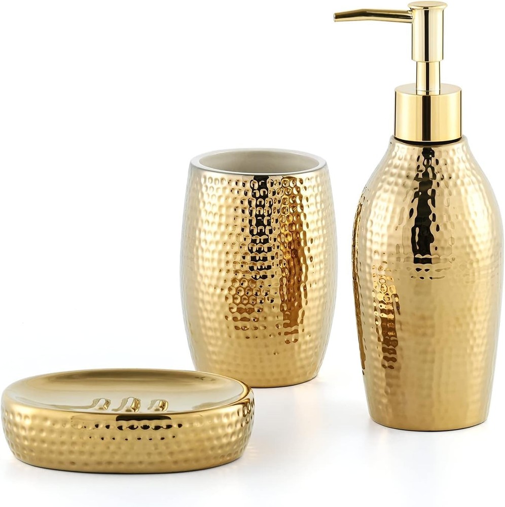 Gold 3-Piece Ceramic Bathroom Accessory Set with Decorative Accents