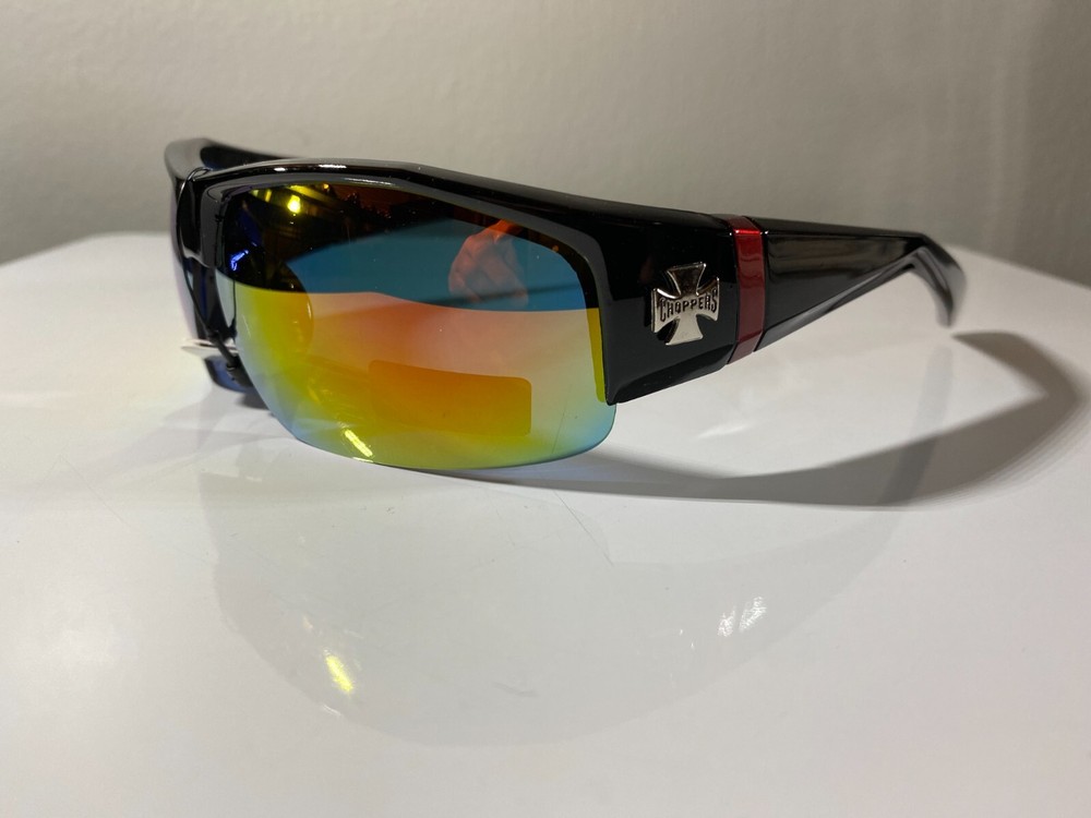 Men's black frame riding sunglasses with yellow reflective lenses