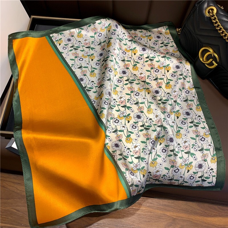 Vintage Floral Silk Scarf 53cm Neck Hair Kerchief Tied