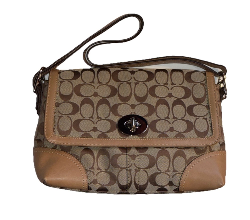 Vtg. Coach Brown & Beige Signature C Shoulder Bag Adjustable Strap 12x8x4