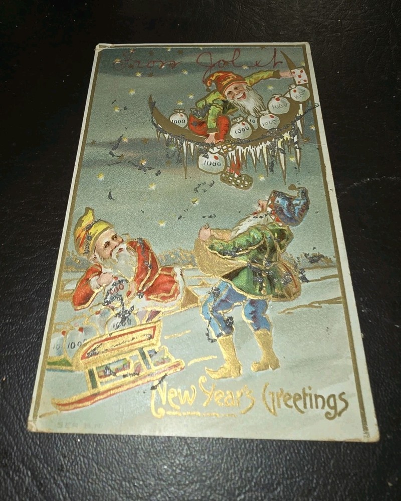 Antique New Years Greetings Postcard  Santa's Elves Loading Sleds Early 1900's-image