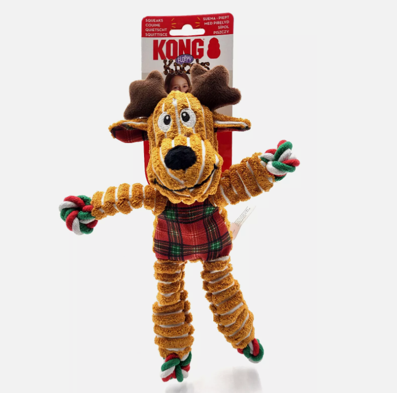 Kong Holiday Floppy Knots Reindeer S/M Squeaky Tug & Shake Dog Toy 10x6