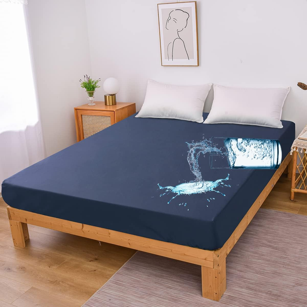 King Navy Blue Breathable Waterproof Mattress Protector Fitted Sheet