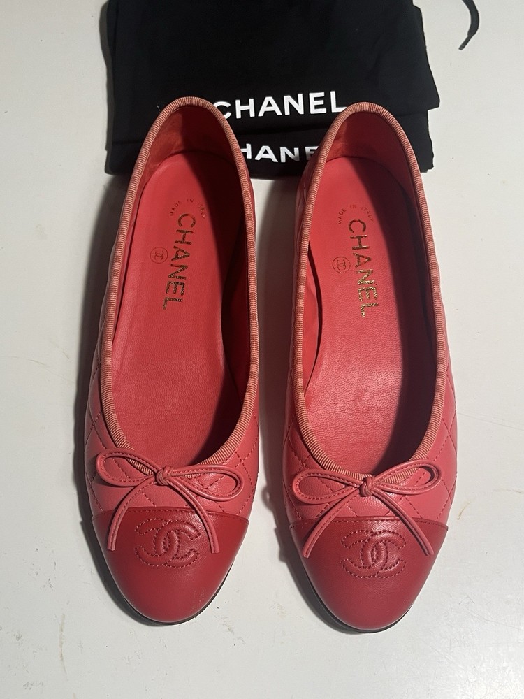 Chanel Pink Red Ballet Flats Size 37.5 With Bags