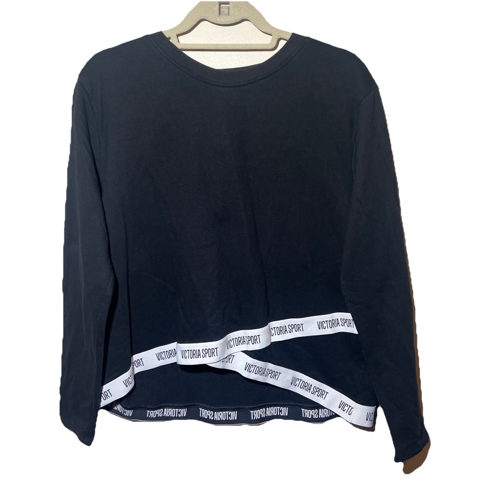 Victoria Sport Sweatshirt Women L Long Sleeve Cropped Logo Hem Black White EUC