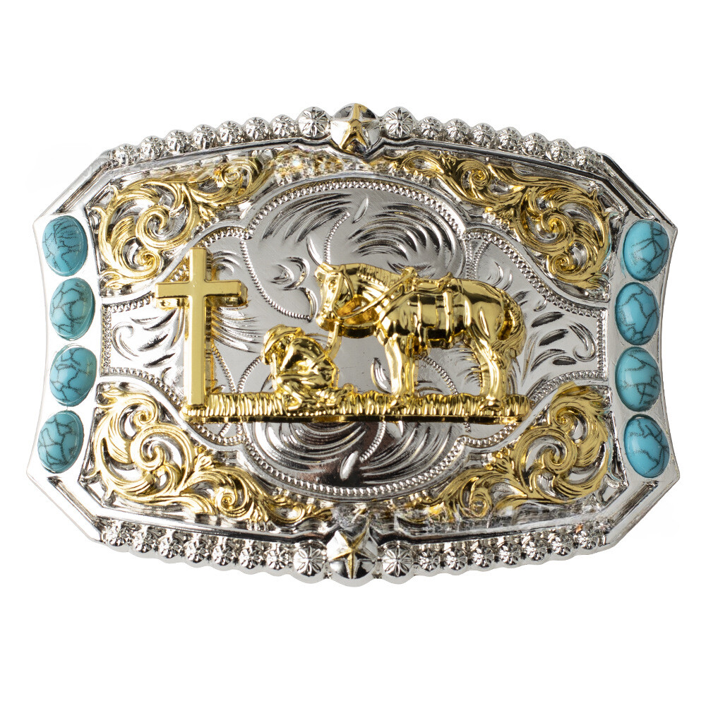 Bicolor Cross Theme Western Cowboy Belt Buckle for Men & Women Rodeo Casual Wear