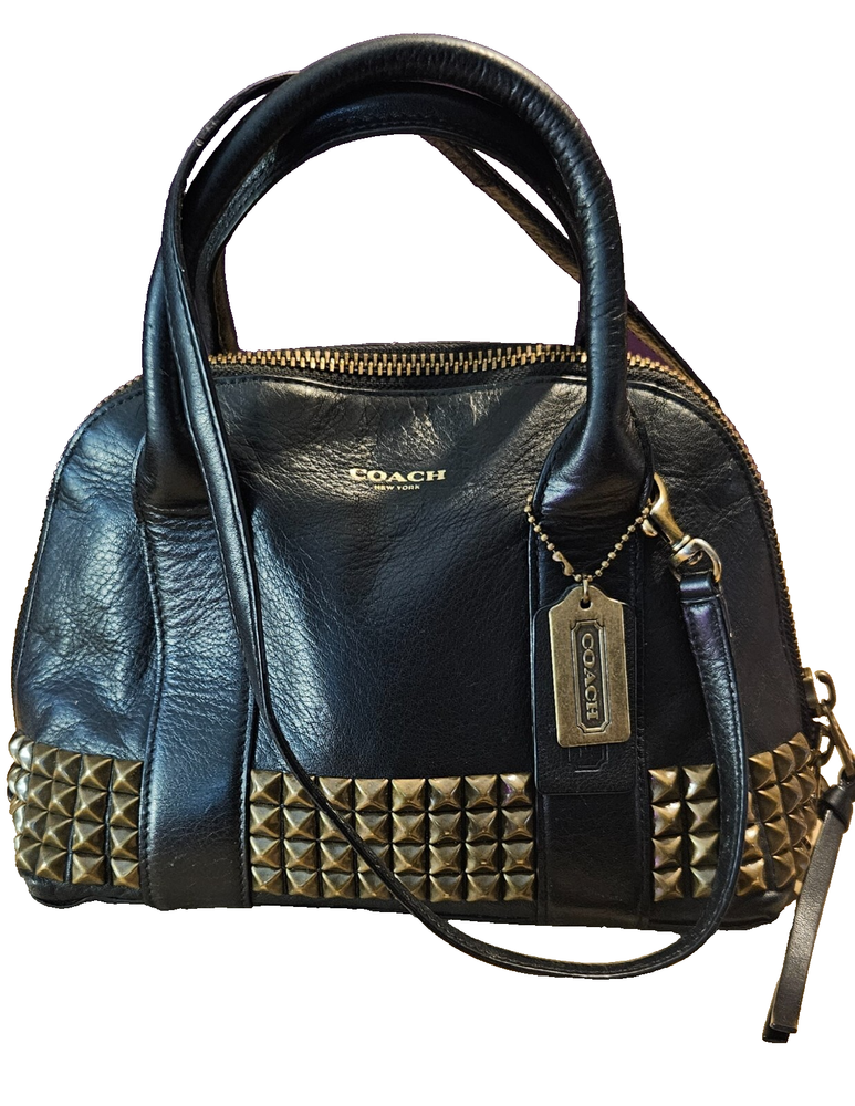 COACH Mini Bleeker Preston Studded Leather Crossbody Satchel Handbag in Black  